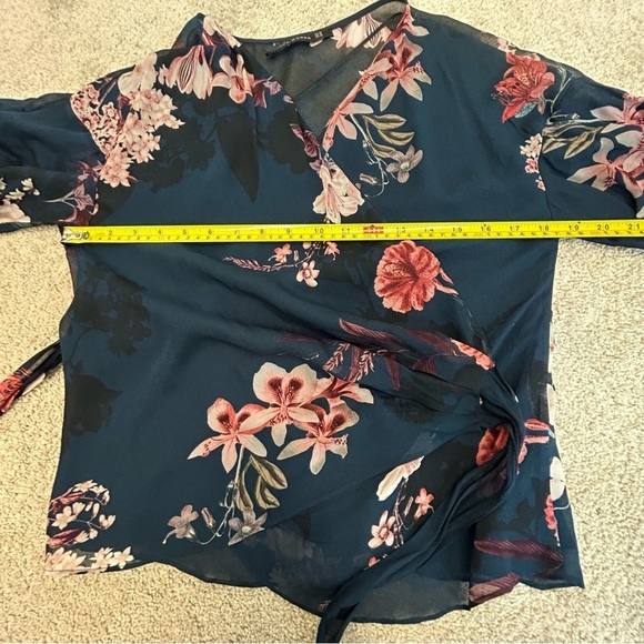 ZARA navy blue pink floral flower chiffon wrap blouse side tie Sz XS - Picture 10 of 11